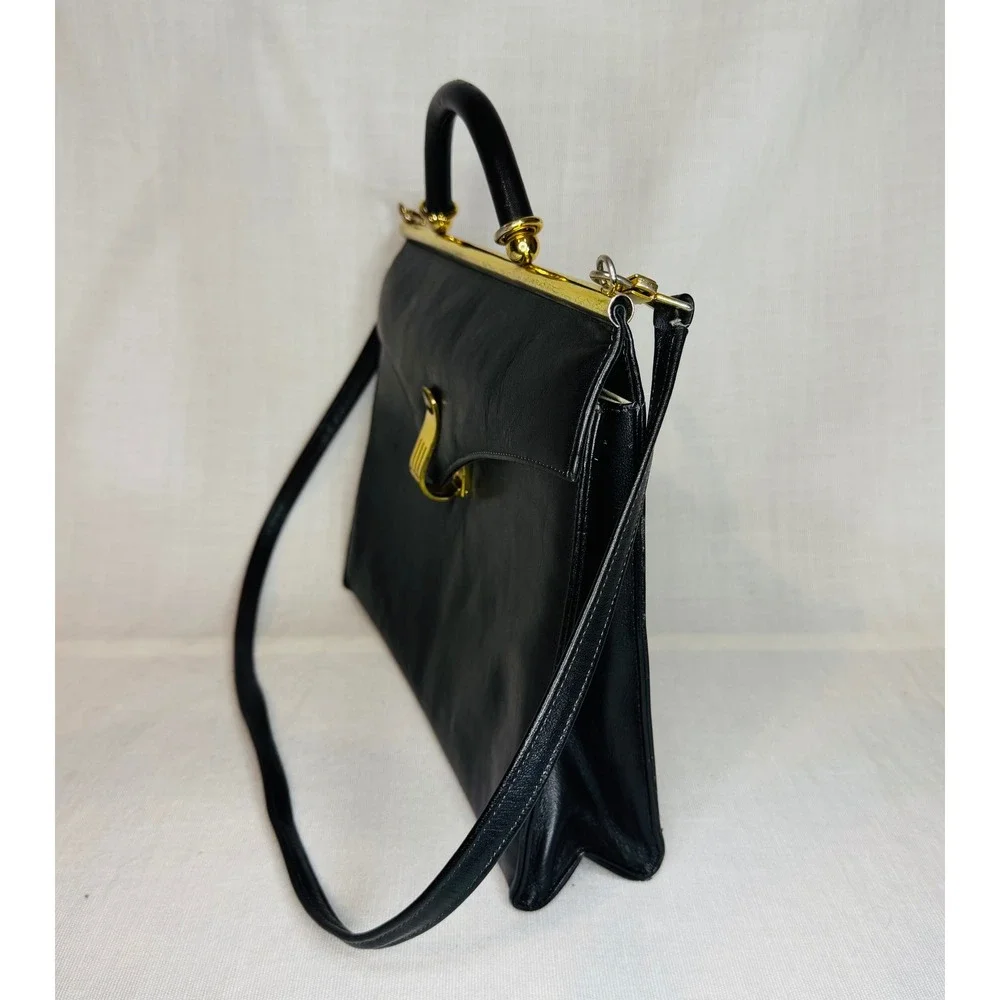 Vintage Black Leather Frame Handbag Gold Hardware Top Handle Shoulder Bag